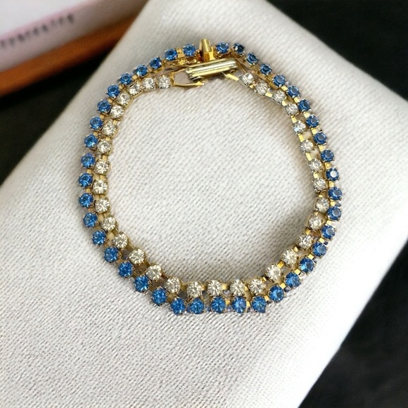 Vintage Blue Monet Signed & Unbranded Clear Tennis Bracelet Gold Tone Set - Picture 1 of 15